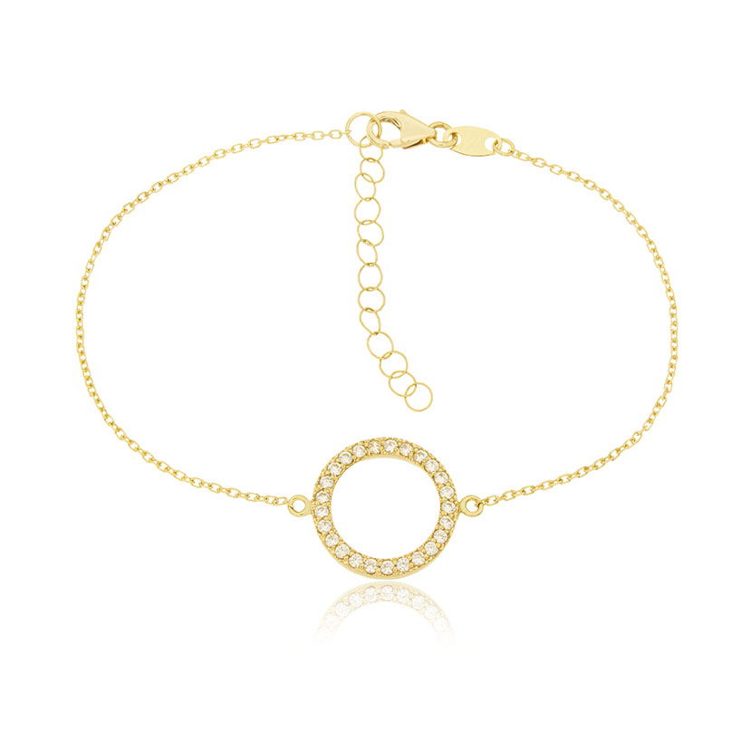 PULSERA CON CIRCULO DE 25 CIRCONITAS EN MICROENGASTE DE 1.30MM CON CADENA FORZADA DE 0.30MM A 16-19CM, EN ORO AMARILLO.